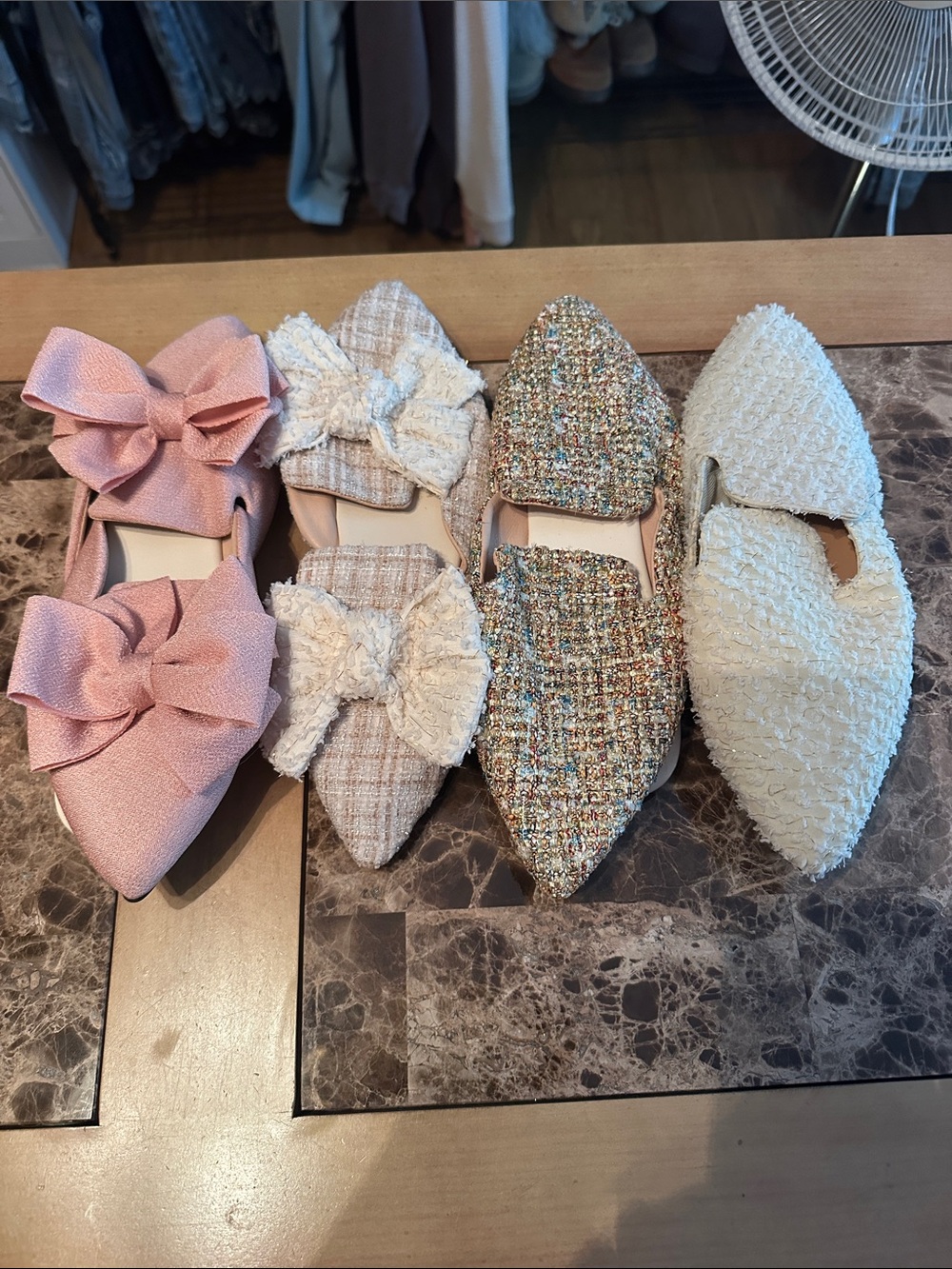 Pointed Tweed Bow Flats — Women’s Pink and Cream Slip-Ons